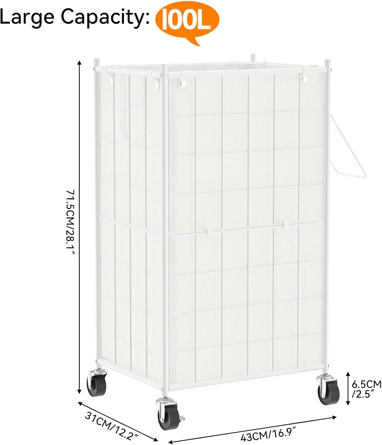 Laundry Hamper with Wheels,Metal Wire Frame Rolling Laundry-100L Dirty Clothes