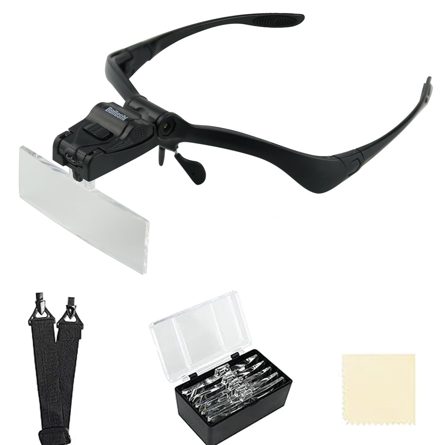 Beileshi Headhand Magnifier Glasses With 2 LED Professional Jeweler&#x27;s Loupe Light Bracket and Headband are Interchangeable 5Lens Glass Magnifying Visor