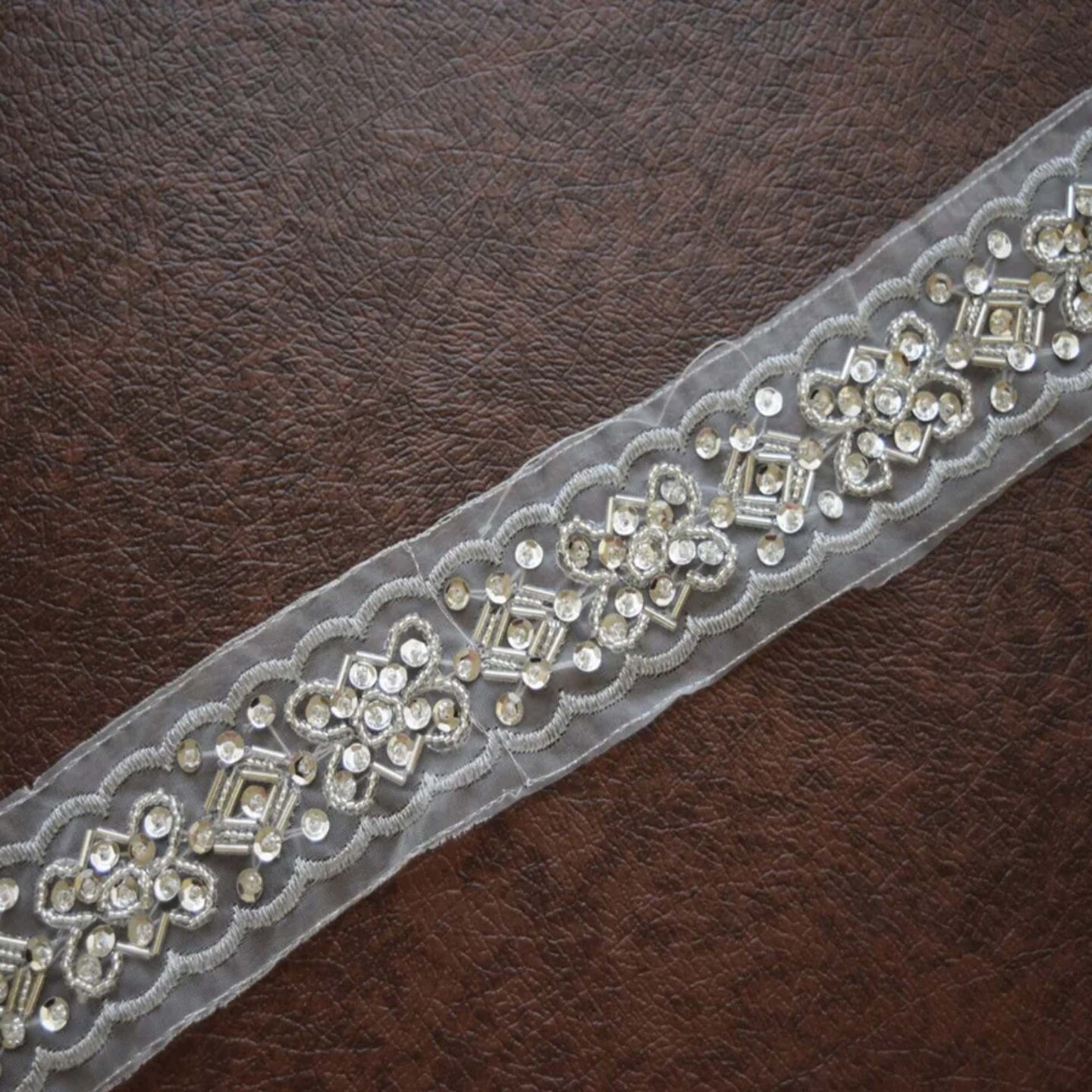 1 Yard 2" Wide Sheer Organza Silver Beaded Lace Trim with Sequins Elegant Decorative Trim