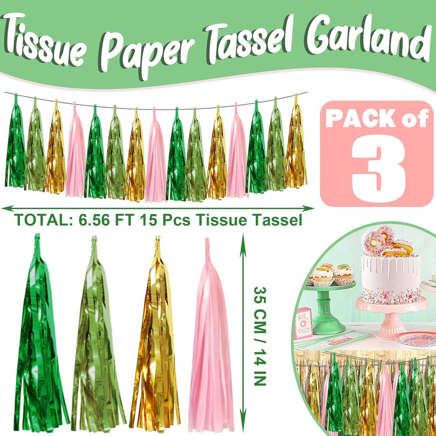 3P Sage-Green Tassels Banner Streamers (Green Light Green Gold Pink)