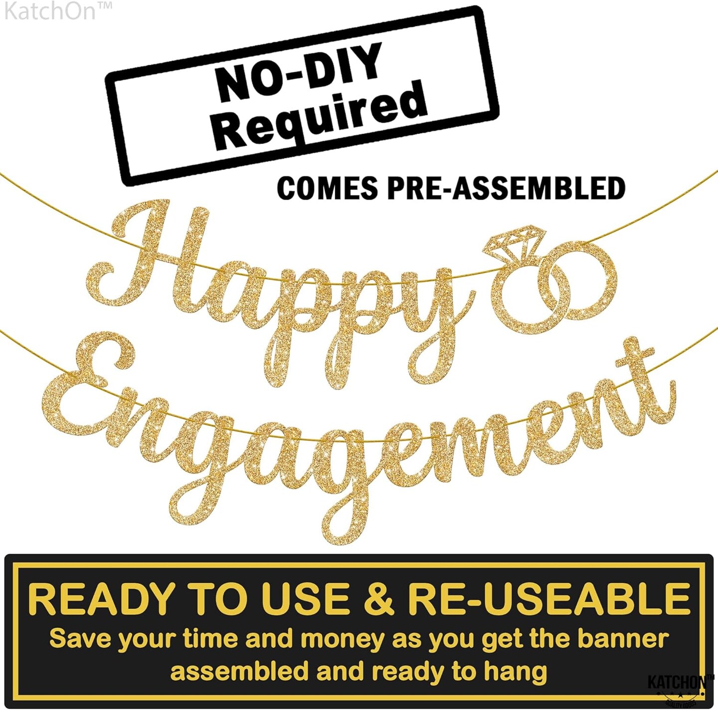 Gold Glitter Happy Engagement Banner - 10 Feet