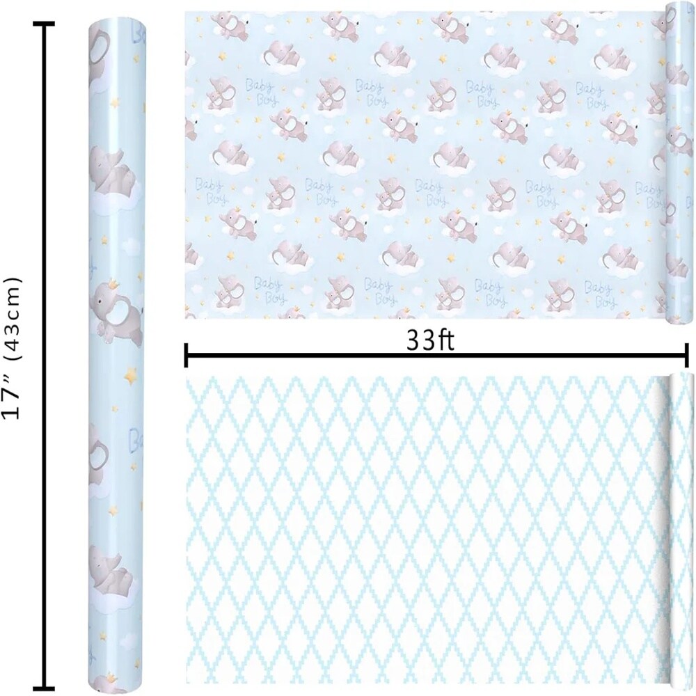 LaRibbons 17" X 33' Reversible Wrapping Paper | Baby Elephant w/ Quilted Back