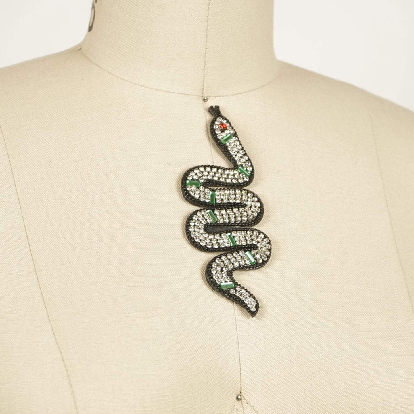 1 Piece 5" Black Rhinestone Snake Patch with Green Beads Red Eye Iron On Applique