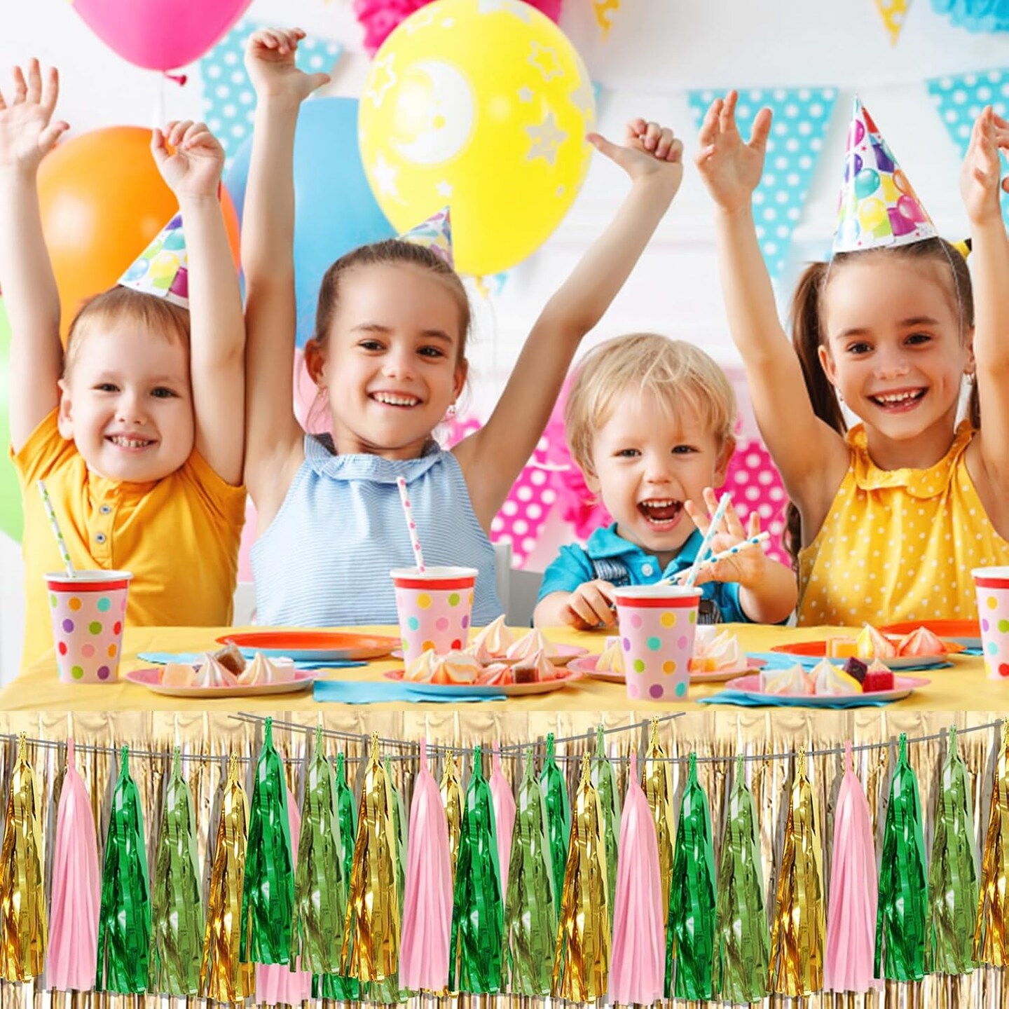 3P Sage-Green Tassels Banner Streamers (Green Light Green Gold Pink)