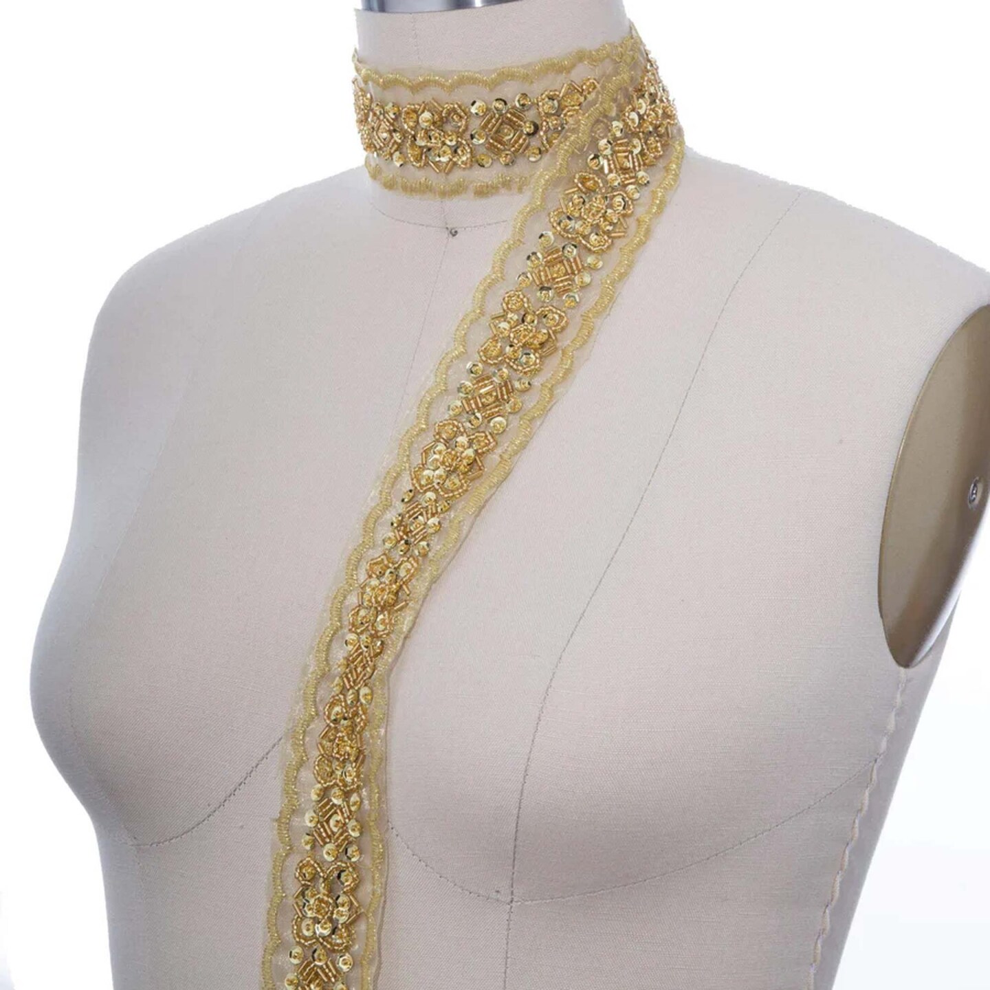 1 Yard 1.75" Wide Gold Beaded & Sequin Ribbon Trim with Embroidered Edging Organza Lace Accent
