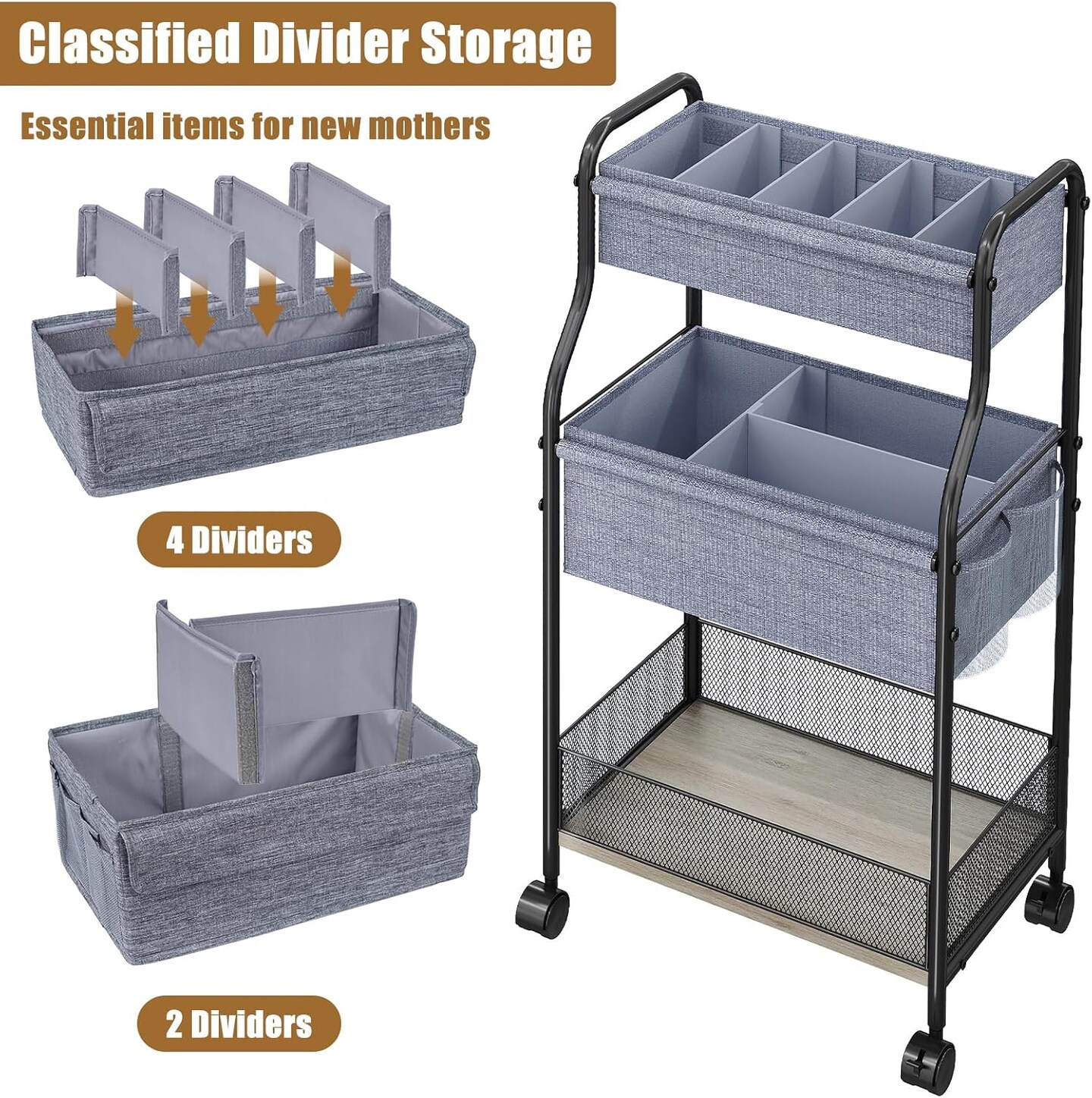 3-Tier Baby Diaper Caddy Organizer and Storage Cart with 4+2 Dividers