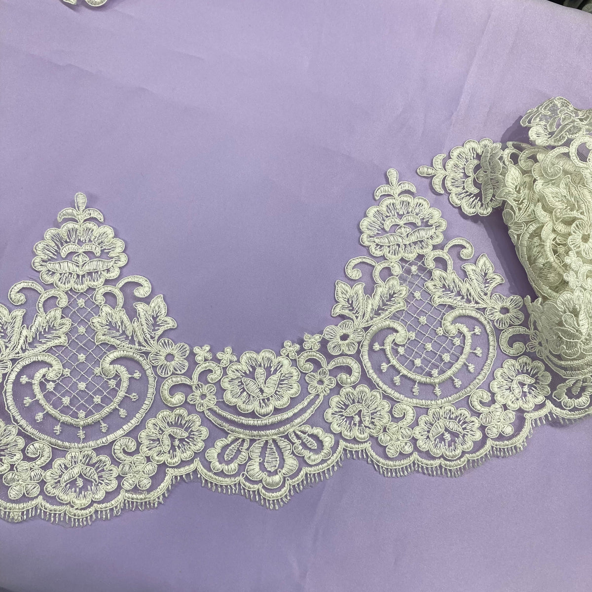 1 Yard Elegant Corded Lace Trim on 100% Polyester Mesh, Embroidered Floral Net Lace