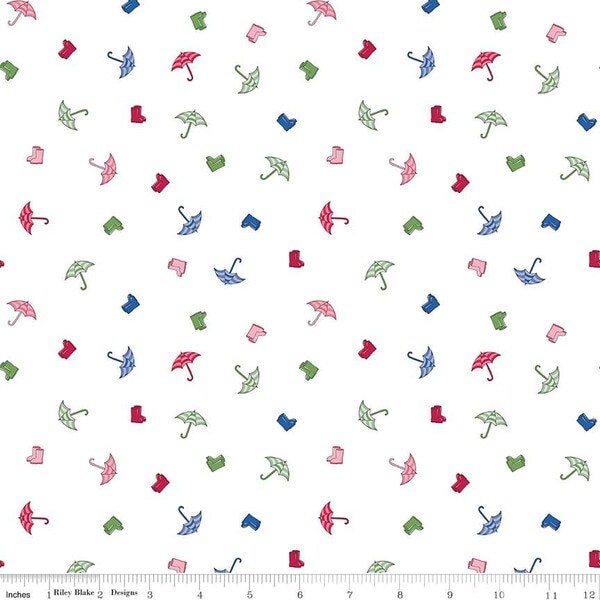 Umbrellas in White (c16182-white) | Cloudburst | Jill Finley | Riley Blake