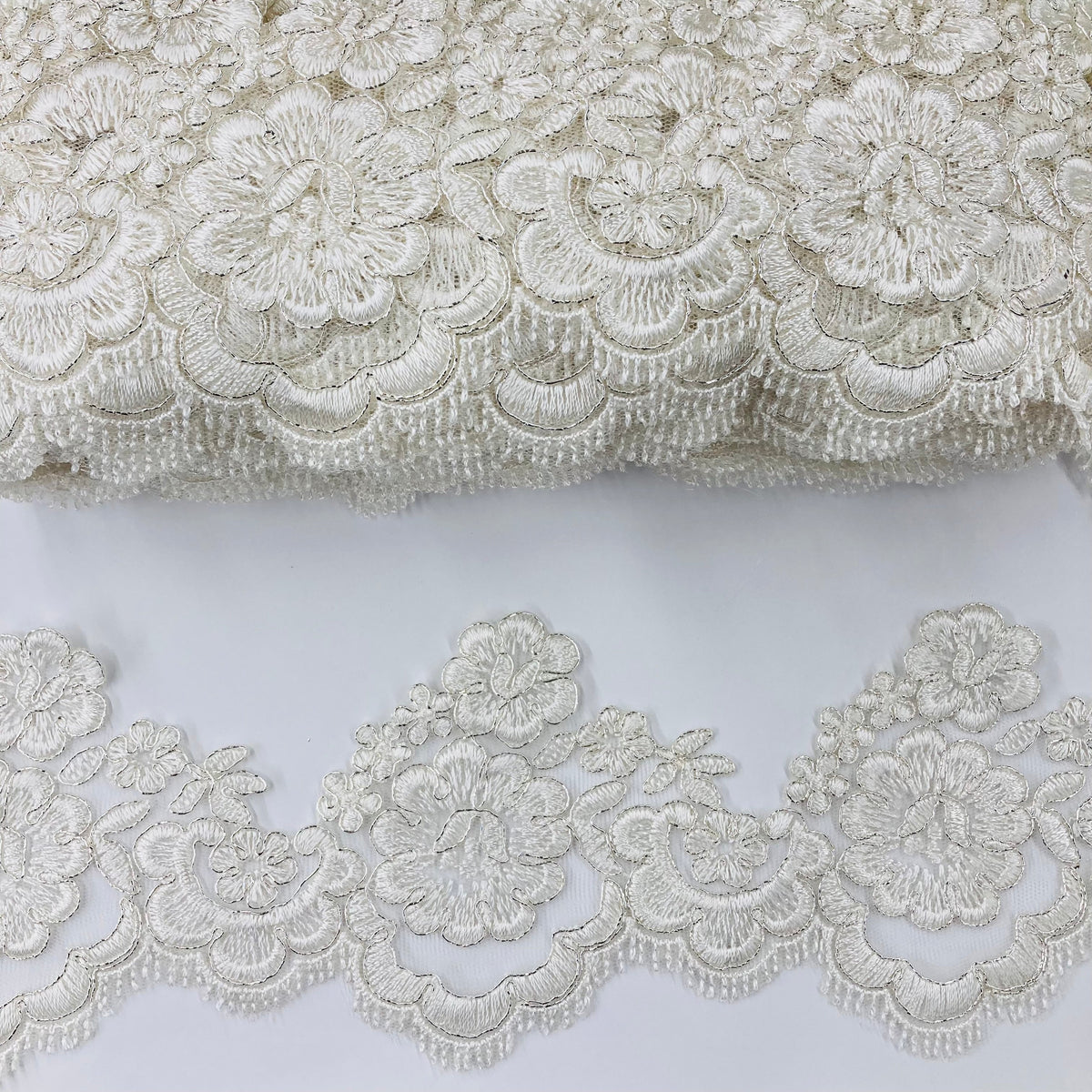 1 Yard Beautiful Corded Lace Trimming Embroidered on 100% Polyester Net Mesh 4 Inch Width