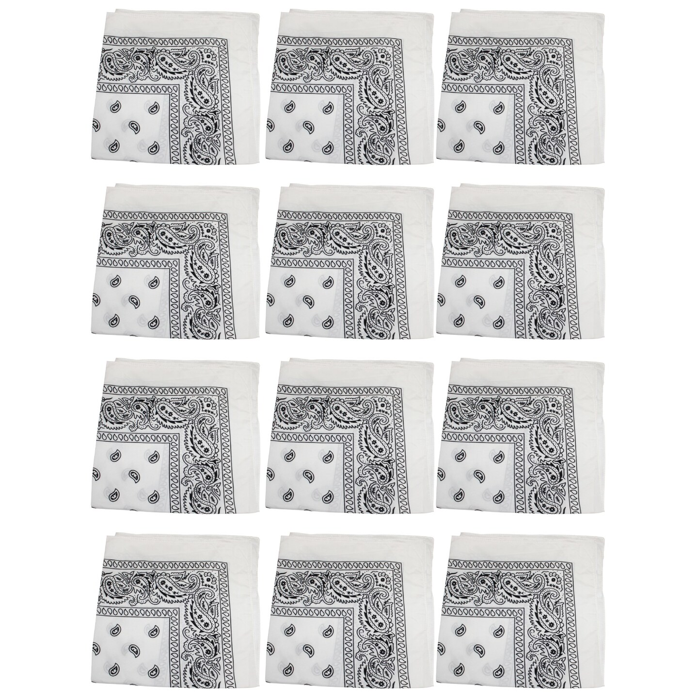 12 Pack Paisley Print Cotton Bandanas Dozen Reusable Scarf, Mask, Hair Tie