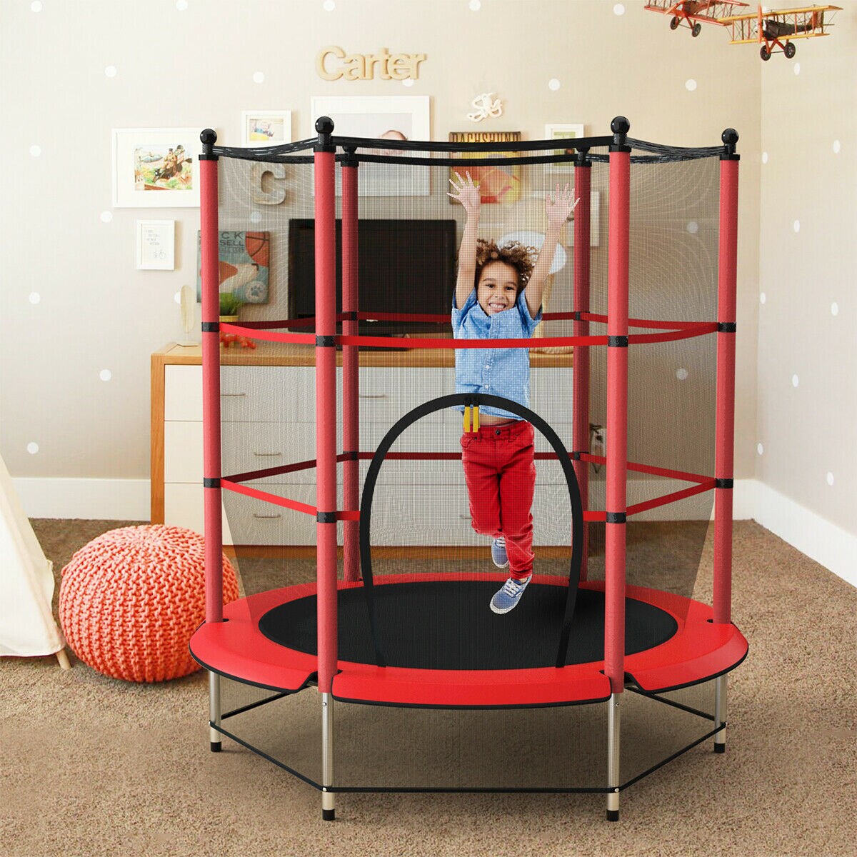 Kids Round Trampoline with Safety Net Padded Frame Indoor Outdoor 55 Inch