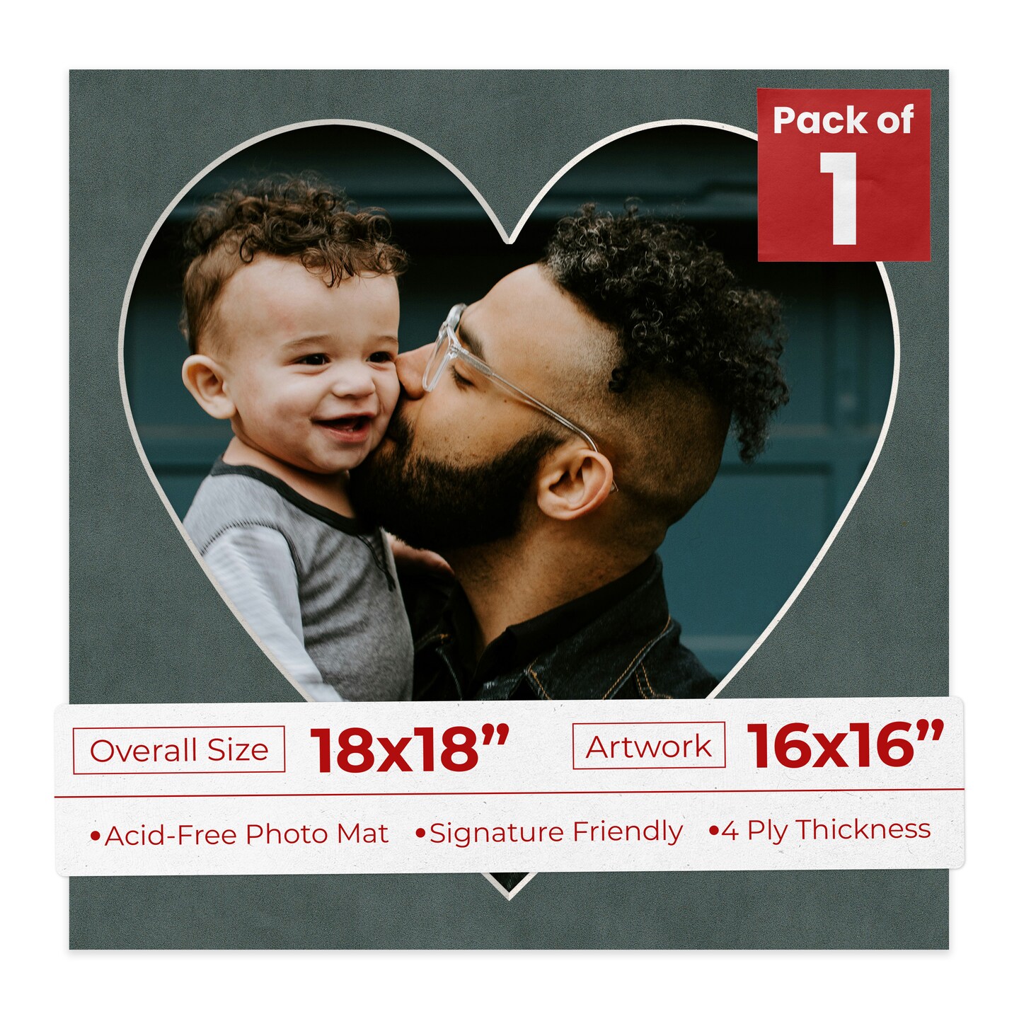 Dark Grey Suede Mat Board for 18x18 Frames - Heart Opening for 16x16 Photos