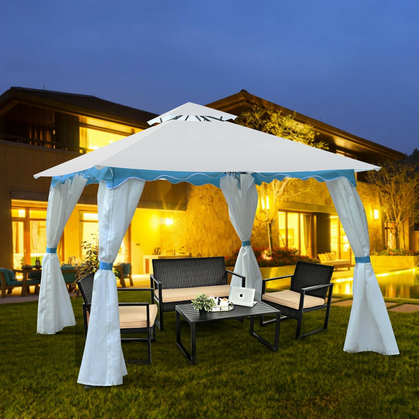White-Blue Steel Frame Canopy Tent with Polyester Fabric 2-Tier Outdoor