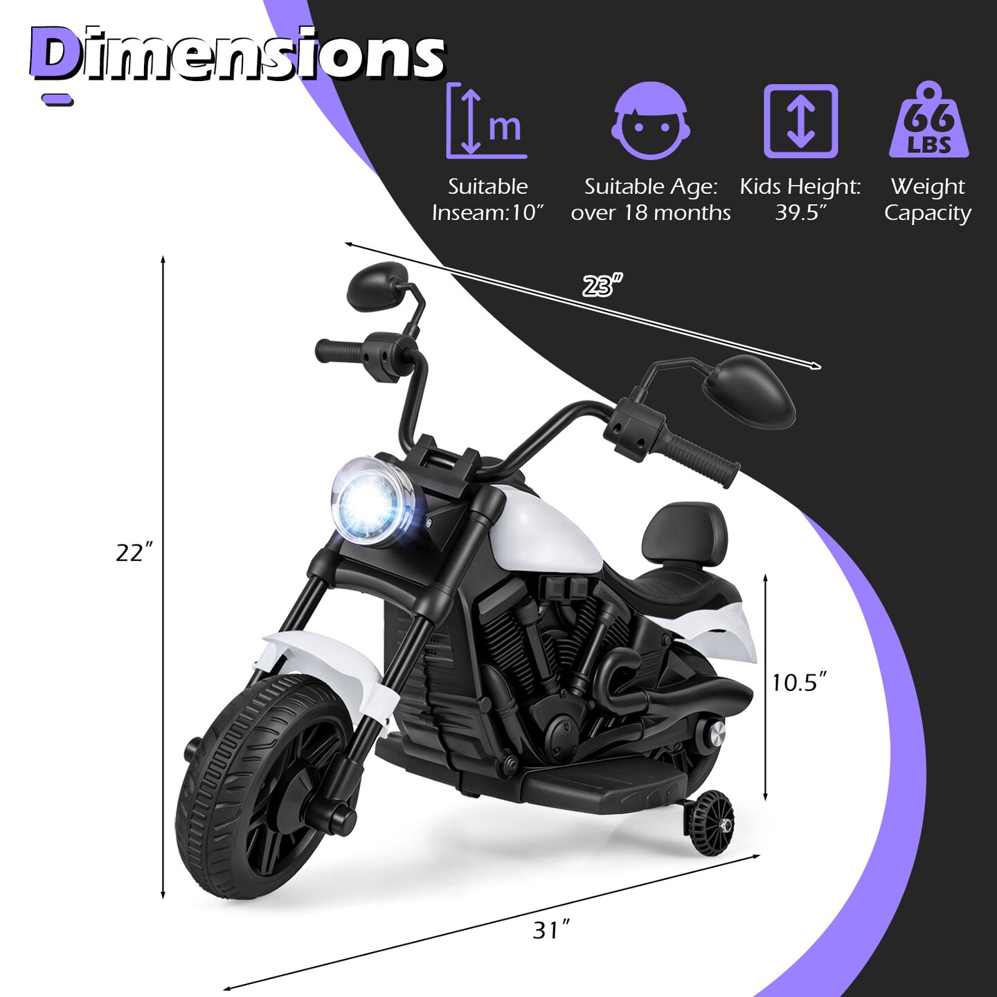 Battery Powered Kids Motorcycle 6V Motor 1.5 MPH Detachable Wheels