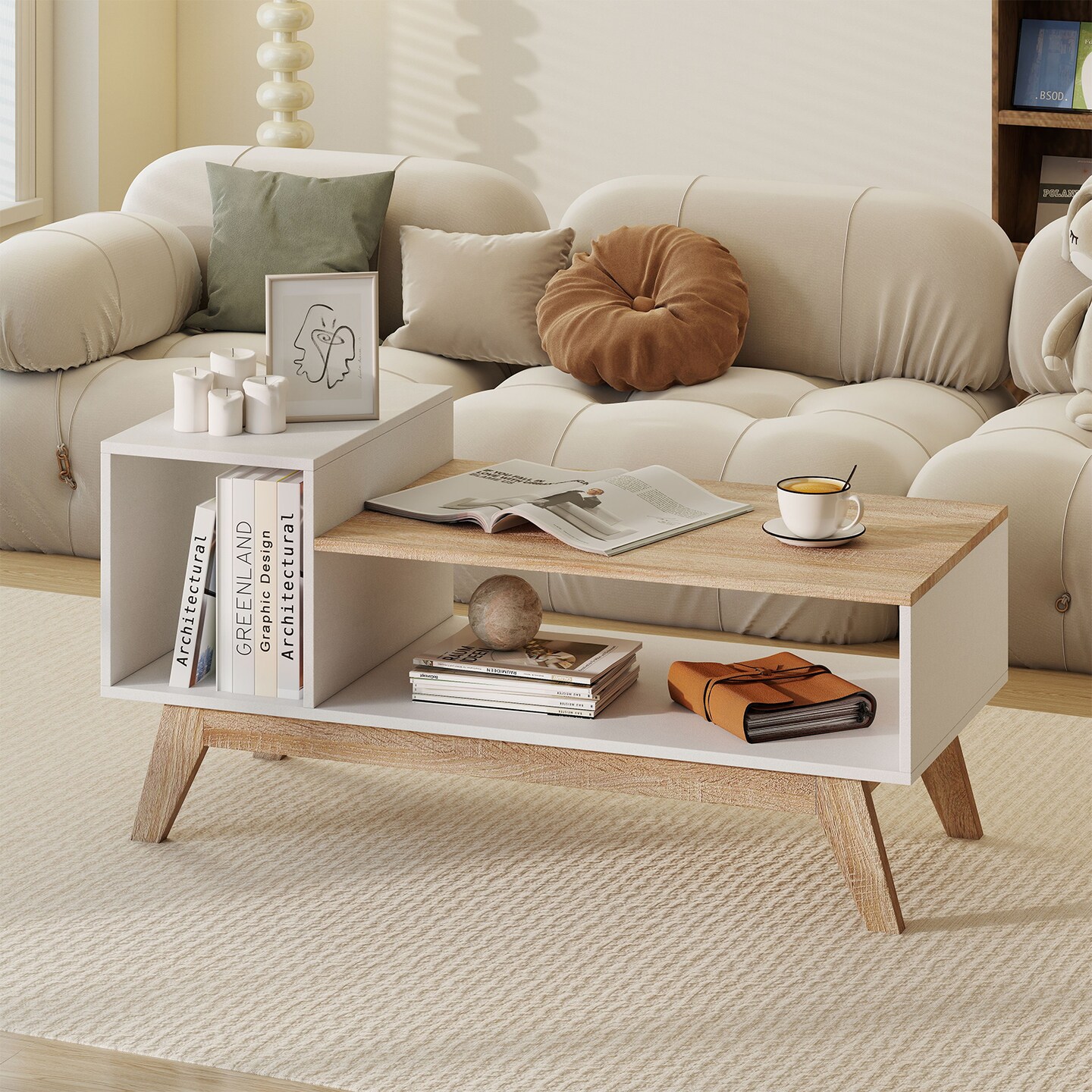 Coffee Table 43 Inch with Stepped Tabletop and Storage Compartments
