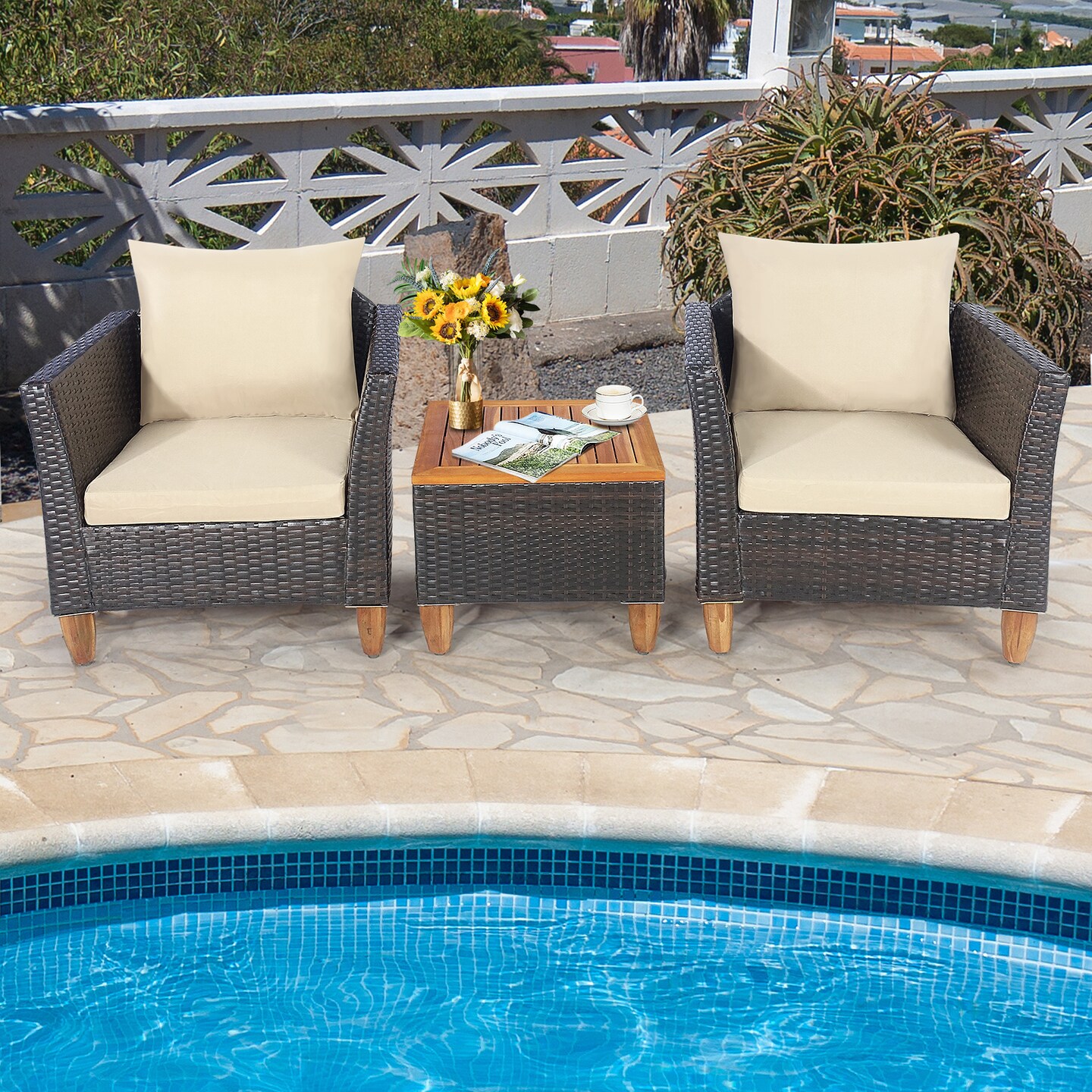 Modern Patio Conversation Set 3 Piece Rattan Sofas with Cushions Acacia Coffee Table