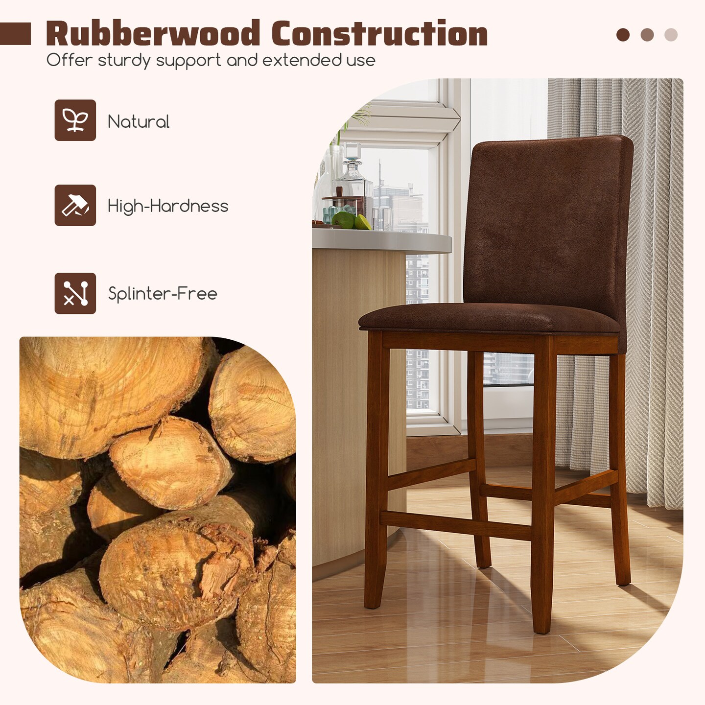 Counter Barstools with Rubber wood Legs and Padded Seats Set of 2