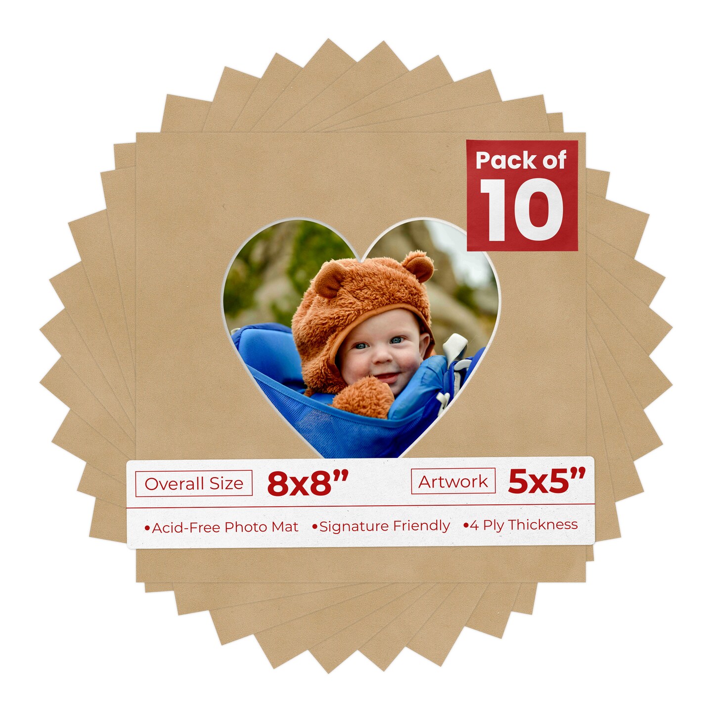 Beige Suede Mat Board for 8x8 Frames - Heart Opening for 5x5 Photos