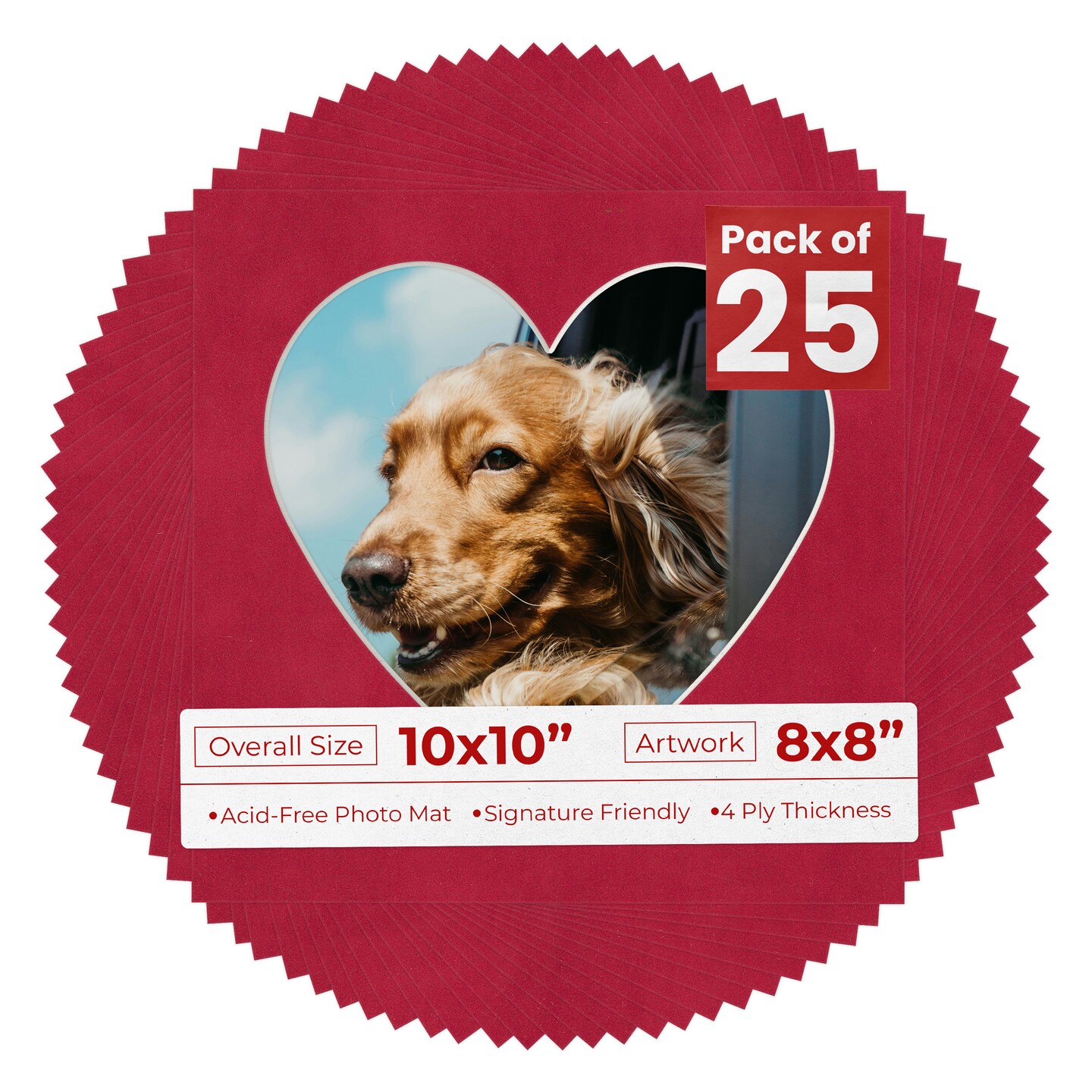 Red Suede Mat Board for 10x10 Frames - Heart Opening for 8x8 Photos
