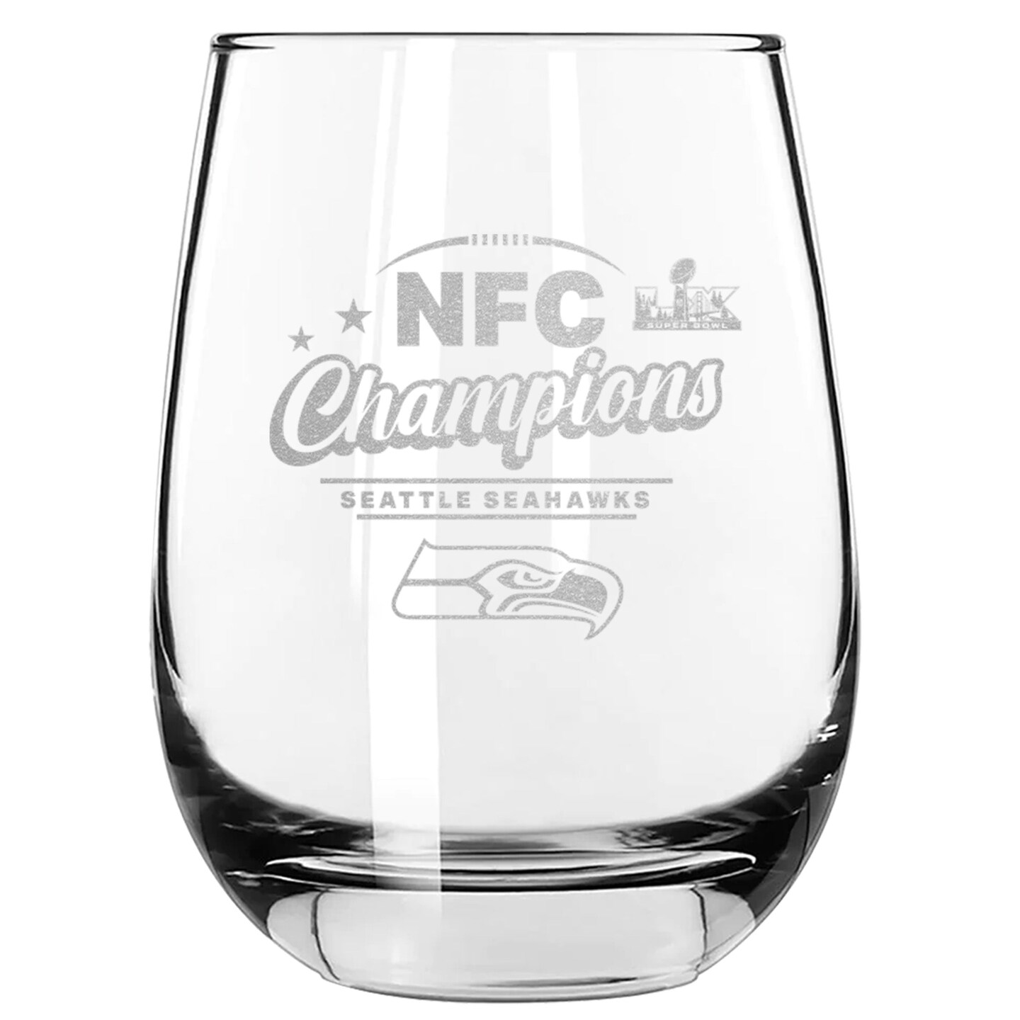 15oz Stemless Wine Glass, Etched, NFC Champion 60, 2026 Design| Seattle Seahawks