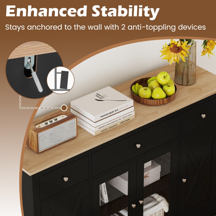 Buffet Sideboard Cabinet 3 Drawers 2 Glass Doors Adjustable Shelves & Wine Storage