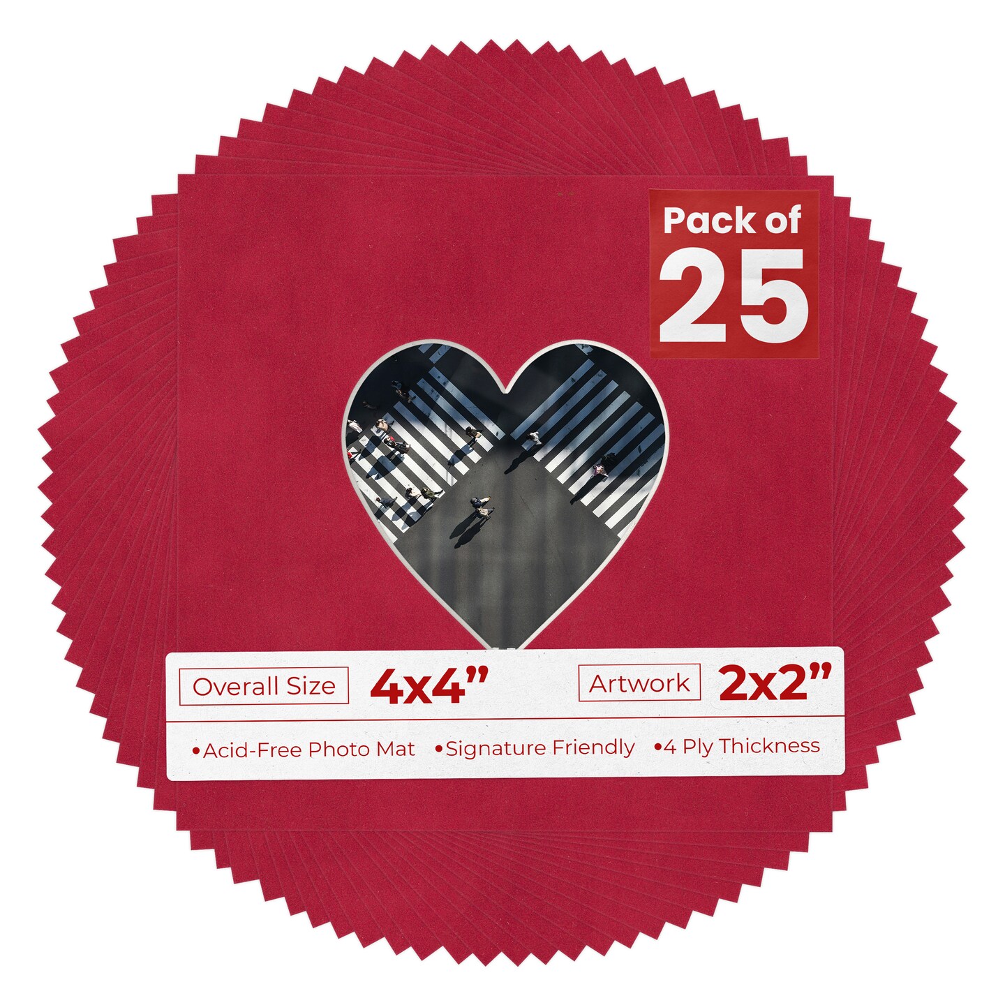 Red Suede Mat Board for 4x4 Inch Frames - Heart Opening for 2x2 Photos