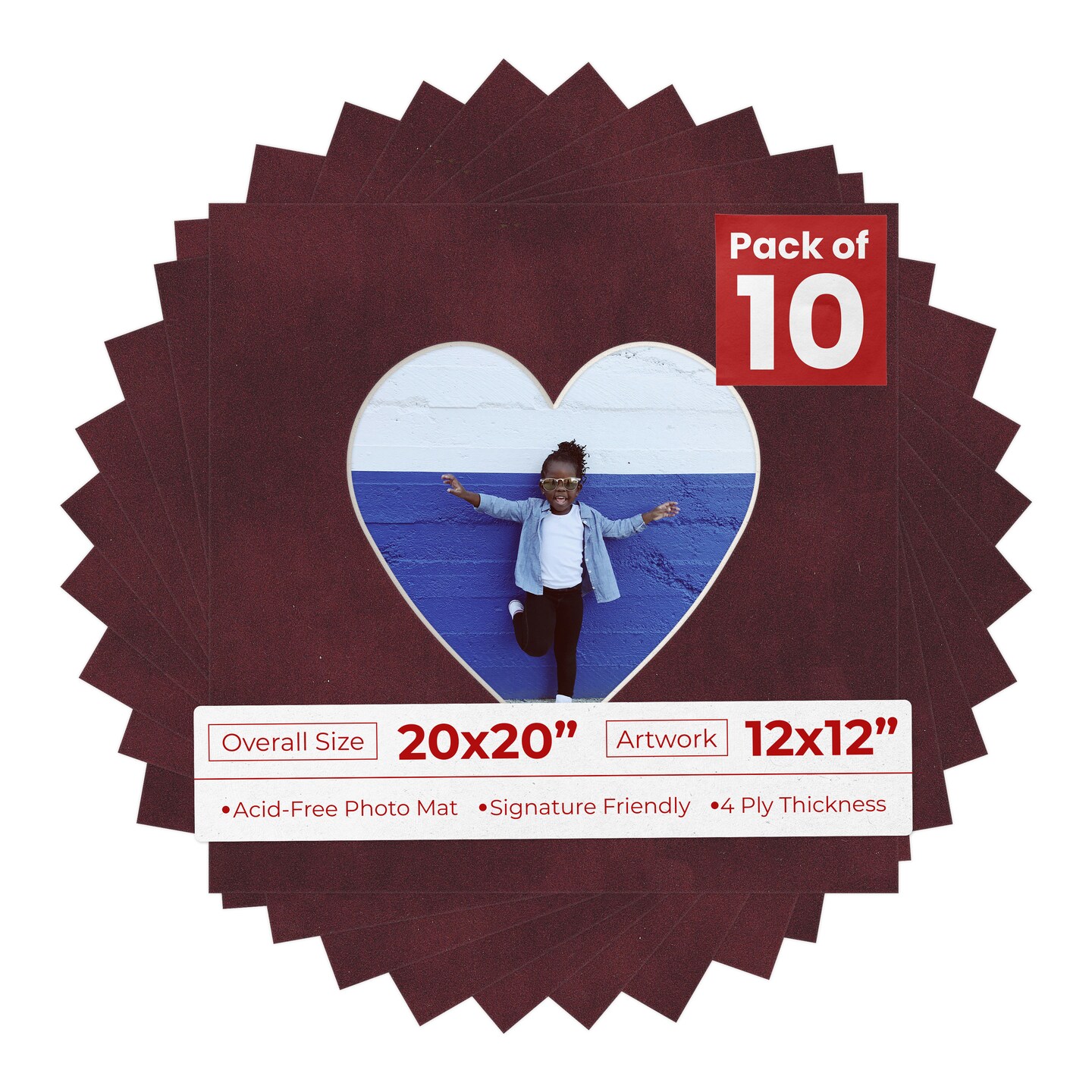 Dark Red Suede Mat Board for 20x20 Frames - Heart Opening for 12x12 Photos