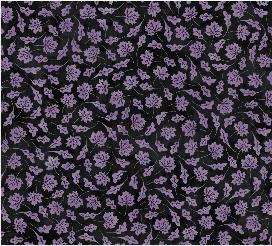 Maywood Studio Halloween Spooky Hollow Purple Leaves on Black 100% Cotton By the Yard