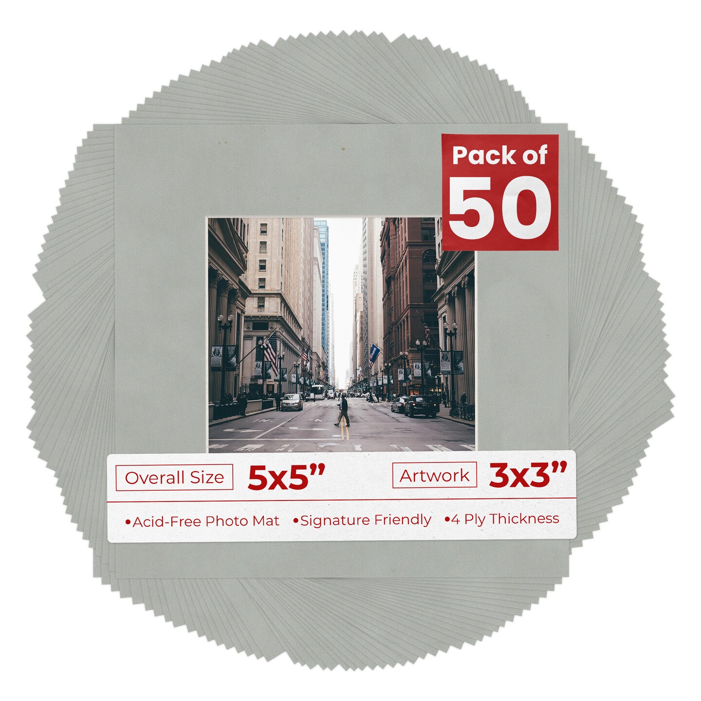 Light Grey Suede Mat Board for 5x5 Inch Frames - Fits 3x3 Photos