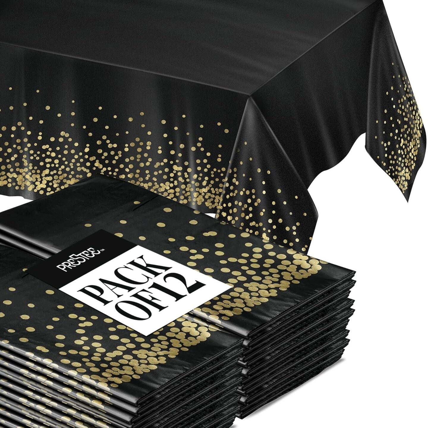 12 pk Black and Gold Dots Disposable Tablecloths, 108x54" Waterproof for Parties