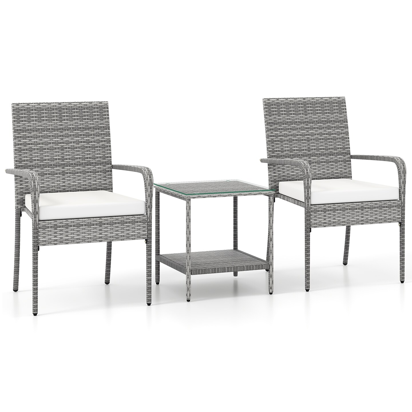 Mix Grey Rattan 3-Piece Patio Bistro Set with Cushions and Glass Table