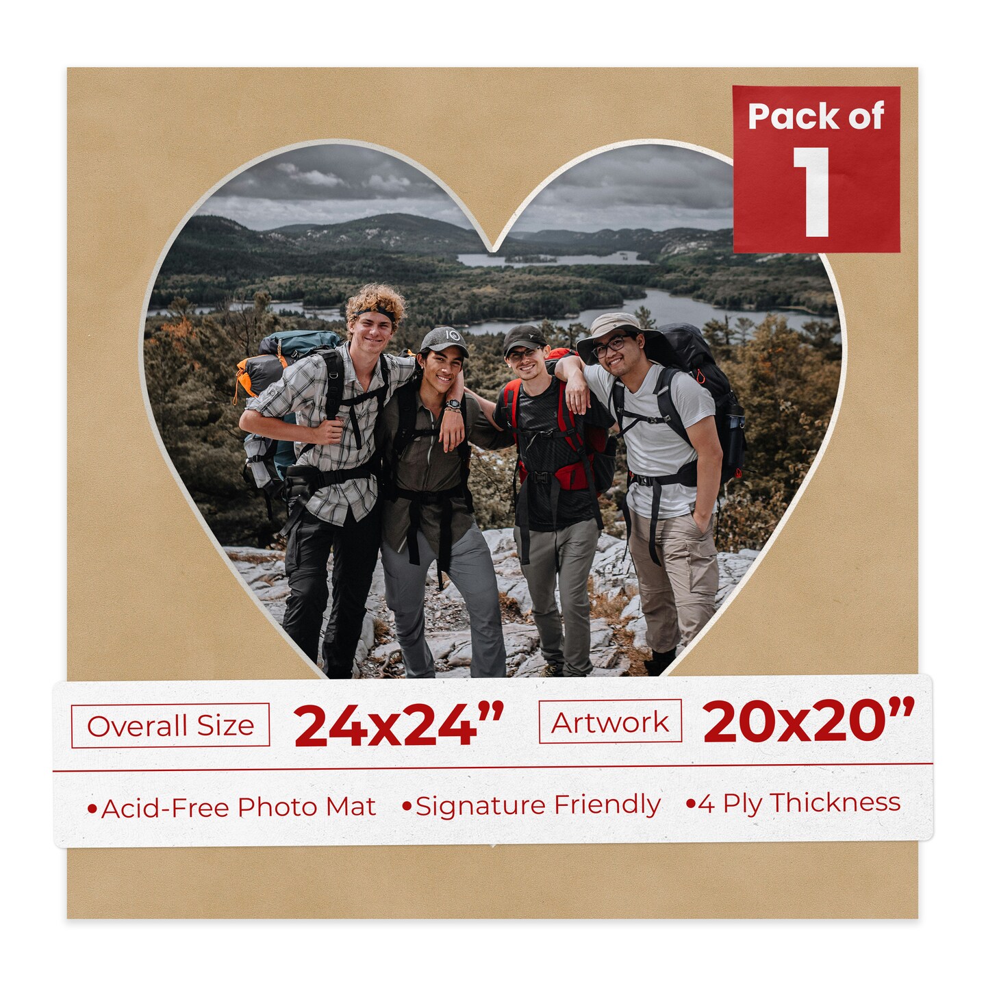 Beige Suede Mat Board for 24x24 Frames - Heart Opening for 20x20 Photos