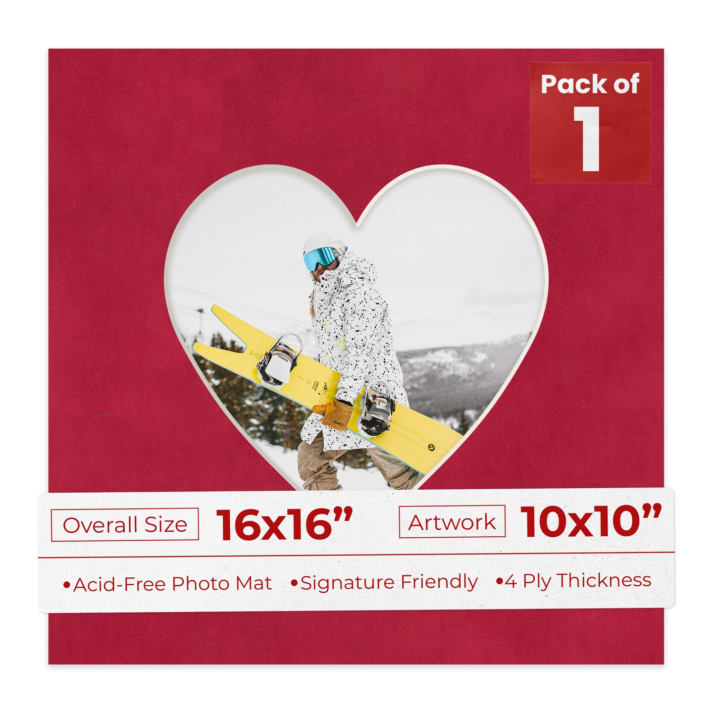 Red Suede Mat Board for 16x16 Frames - Heart Opening for 10x10 Photos