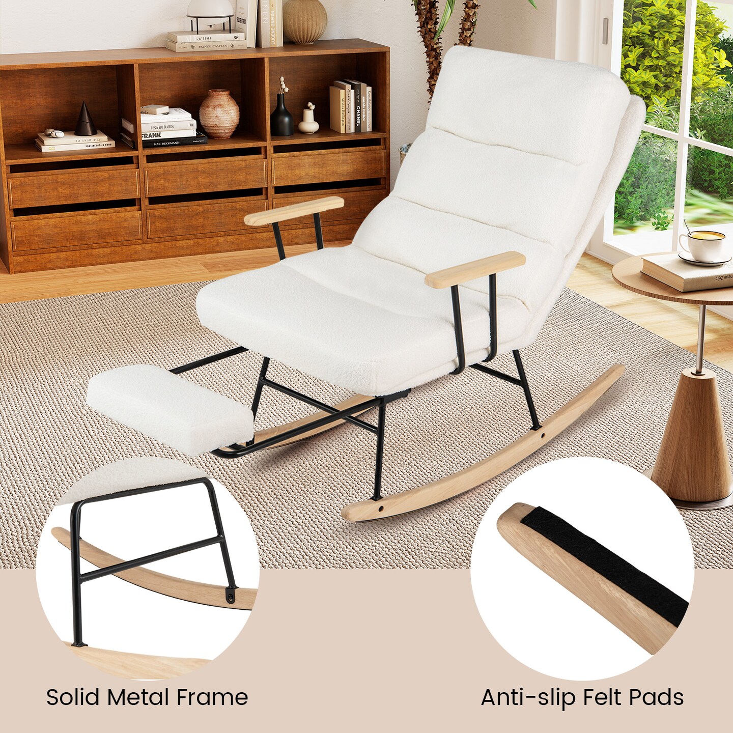 Modern Teddy Velvet Rocking Chair with Adjustable Backrest and Footrest for Living Room