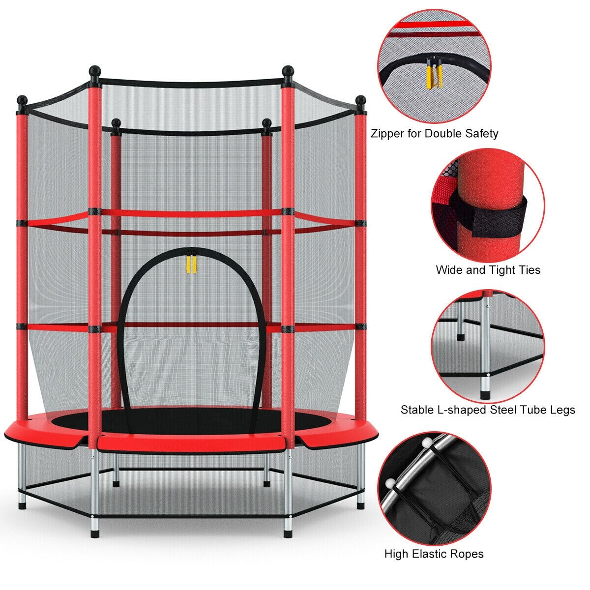 Kids Round Trampoline with Safety Net 55 Inch Indoor Outdoor Steel Frame Red