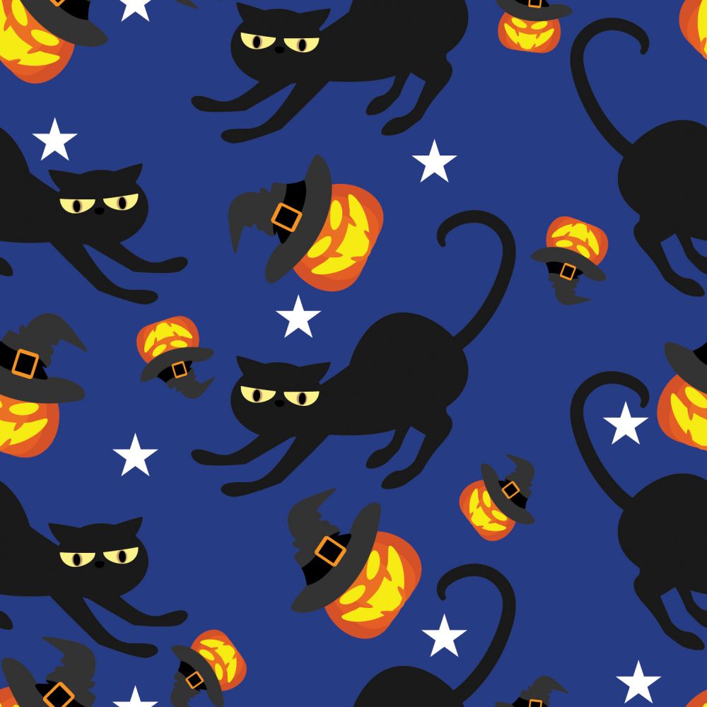 Halloween Spooky Black Cats and Tossed Pumpkins on Blue 100% Cotton Fabric
