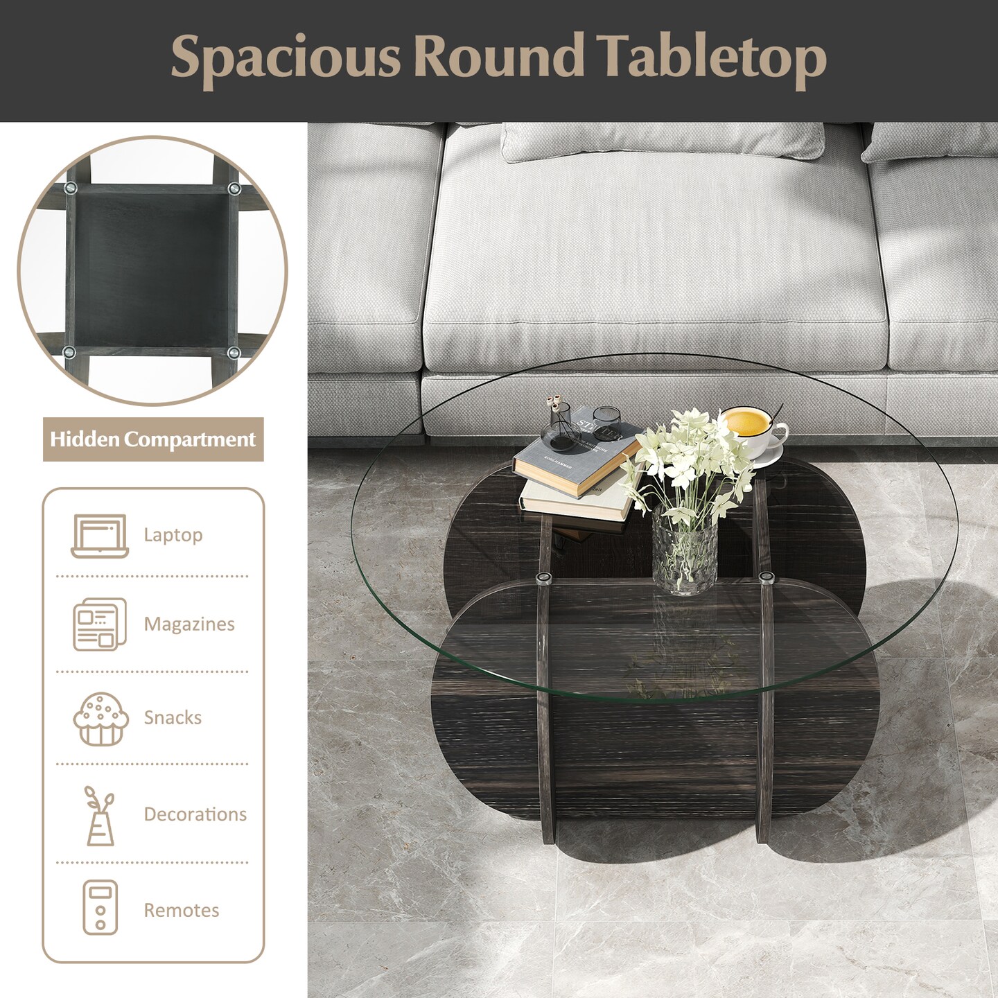 Round Coffee Table 35 Inch with Tempered Glass Top and Solid Wood Base