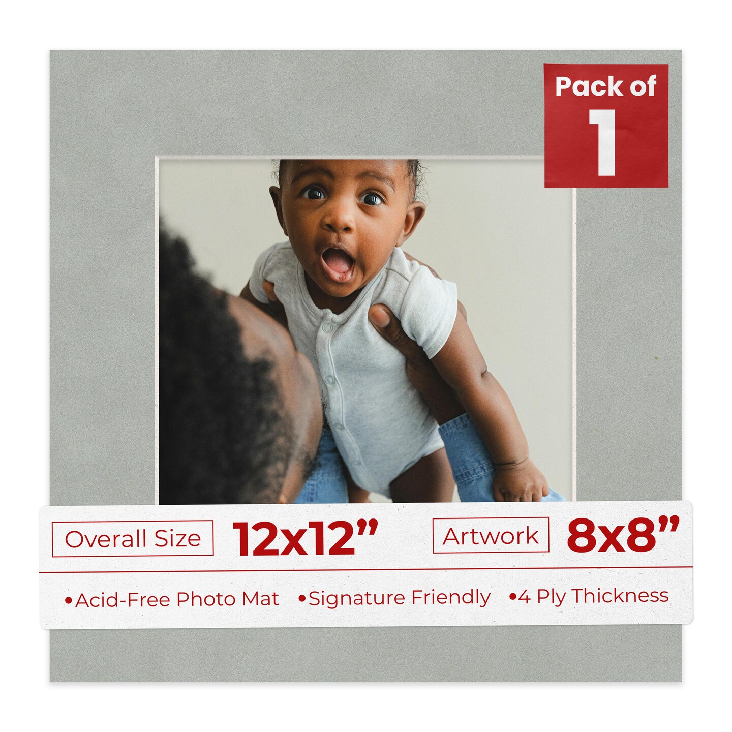 Light Grey Suede Mat Board for 12x12 Frames - Fits 8x8 Photos