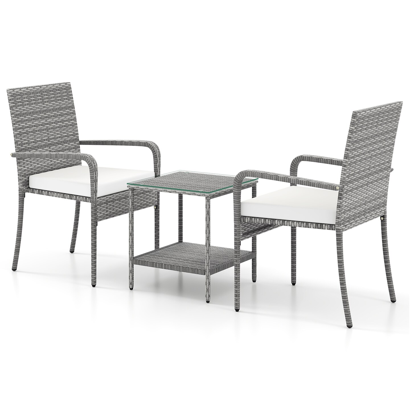 Mix Grey Rattan 3-Piece Patio Bistro Set with Cushions and Glass Table