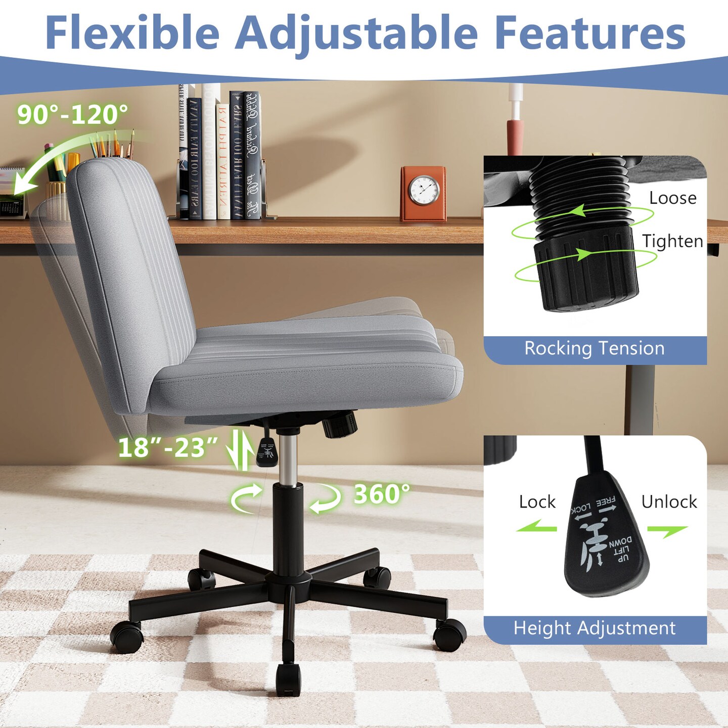 Cross-Legged Desk Chair with Wheels, Soft Padded Wide Seat for Home Office
