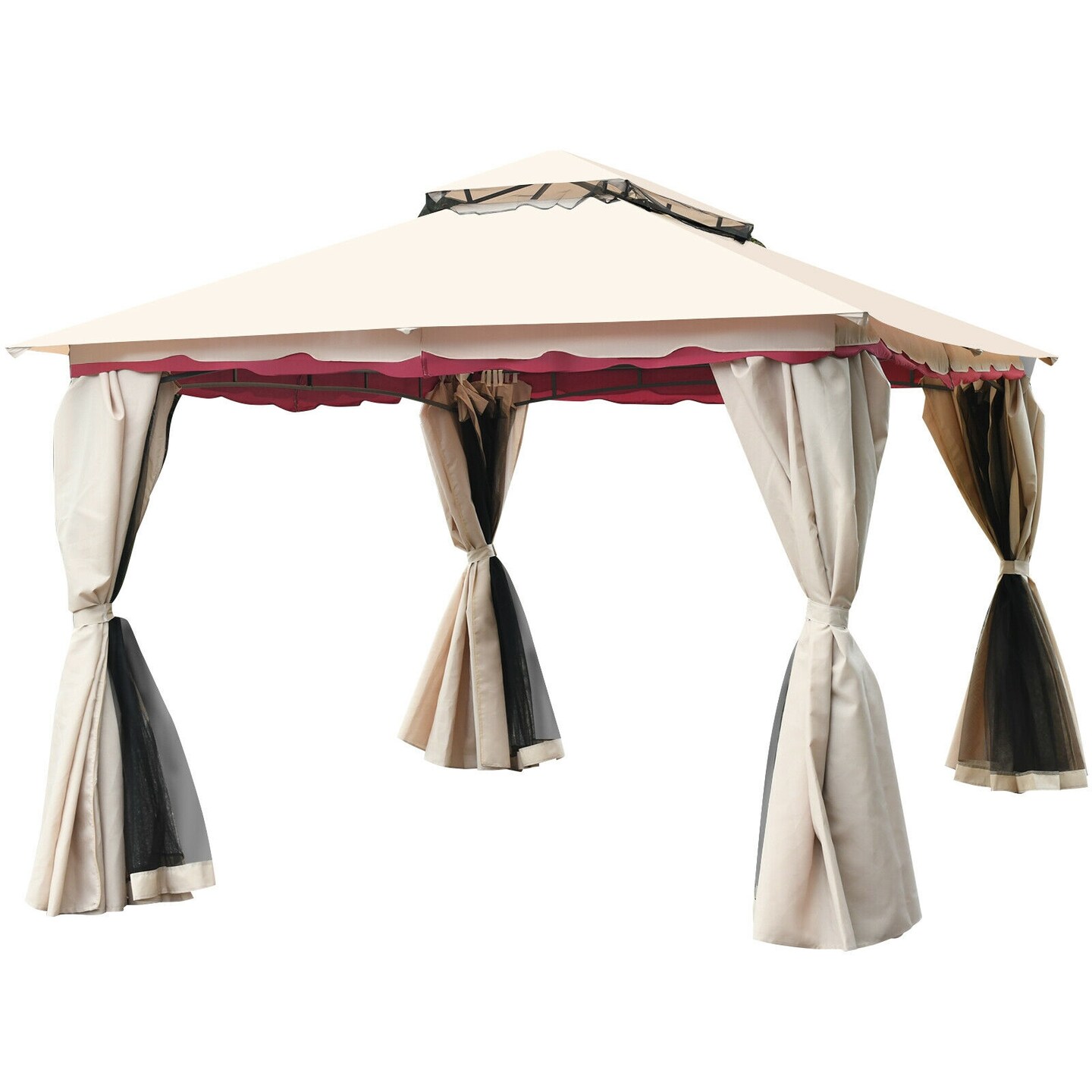 Sand Polyester Steel Frame Gazebo Canopy with Mesh, Privacy and Wind Walls