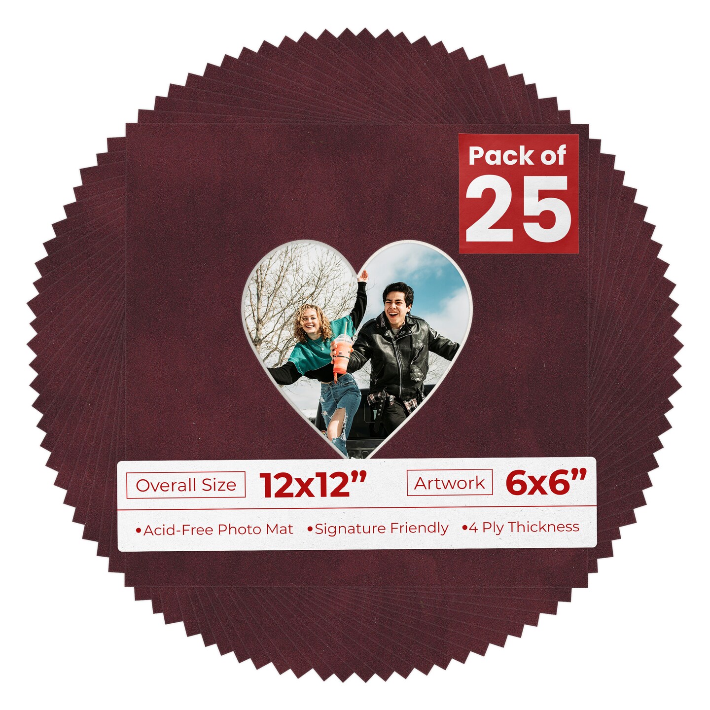 Dark Red Suede Mat Board for 12x12 Frames - Heart Opening for 6x6 Photos