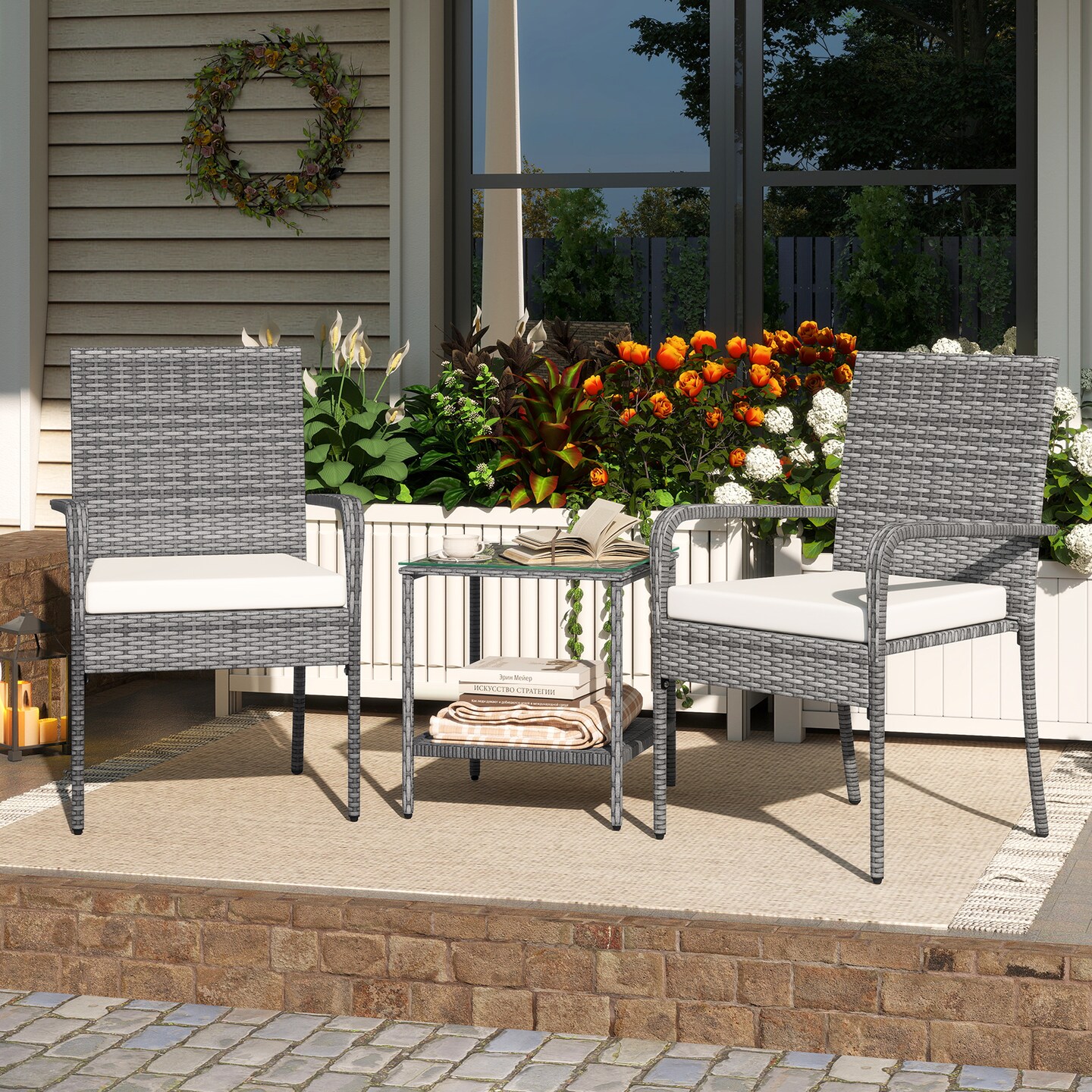 Mix Grey Rattan 3-Piece Patio Bistro Set with Cushions and Glass Table