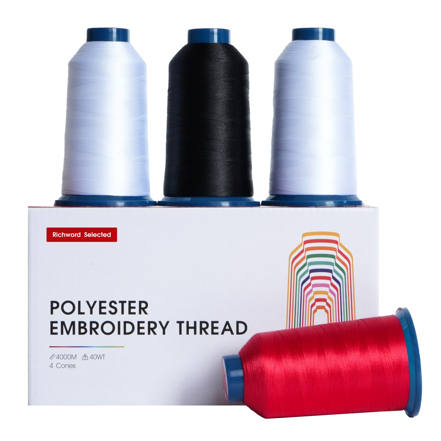 Richword Selected Embroidery Thread Set, 4 Rolls 4000M (4374Y) 40WT Polyester, Black, White, Red, Light Pink & Multi-Color Mix, Huge Spool for Home & Commercial Embroidery Machines