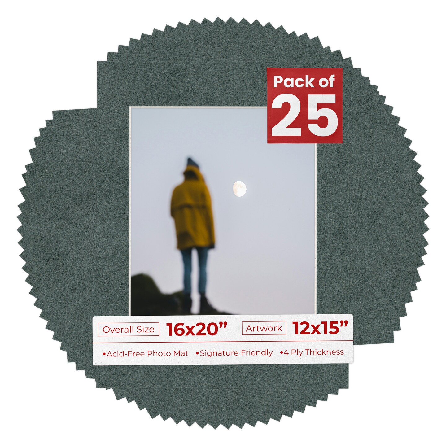 Dark Grey Suede Mat Board for 16x20 Frames - Fits 12x15 Photos