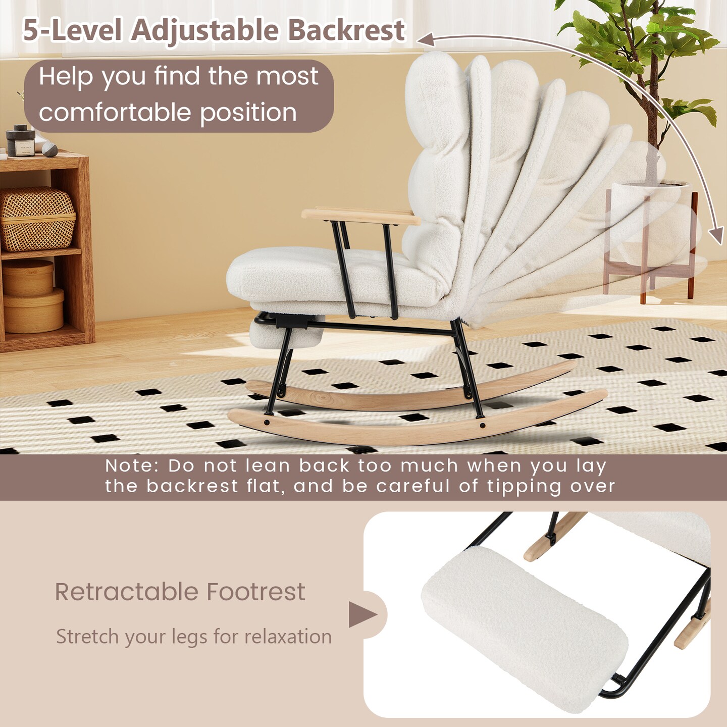 Modern Teddy Velvet Rocking Chair with Adjustable Backrest and Footrest for Living Room