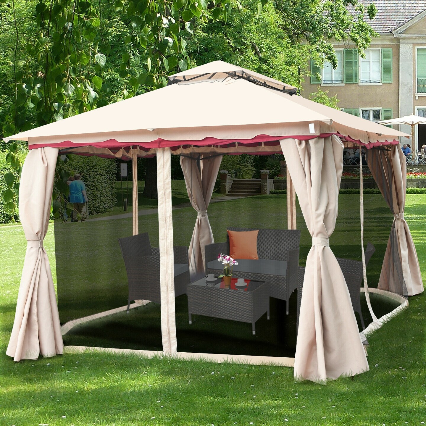 Sand Polyester Steel Frame Gazebo Canopy with Mesh, Privacy and Wind Walls