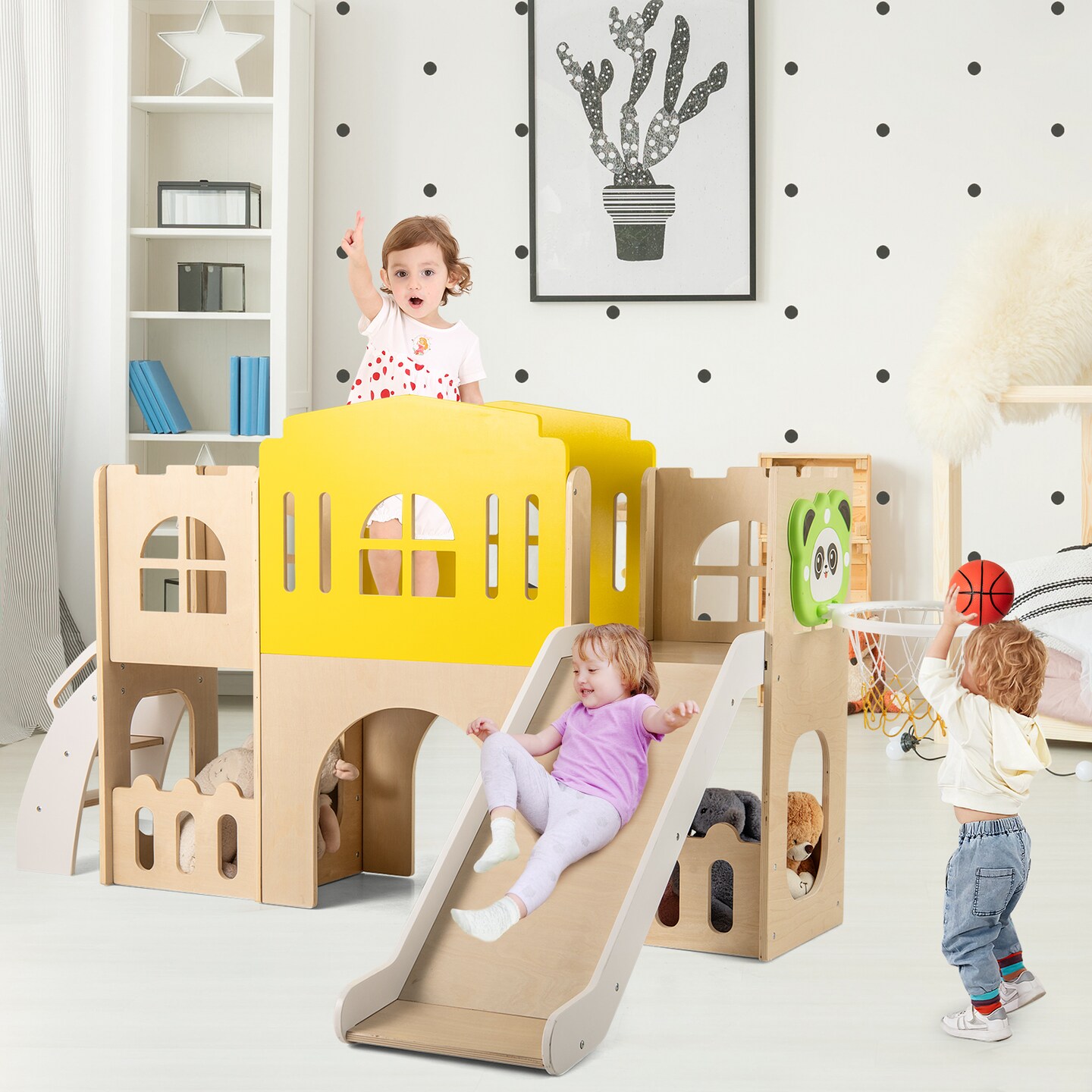 kids 7-in-1 Slide Set with Climber and Basketball Hoop for Indoor/Outdoor