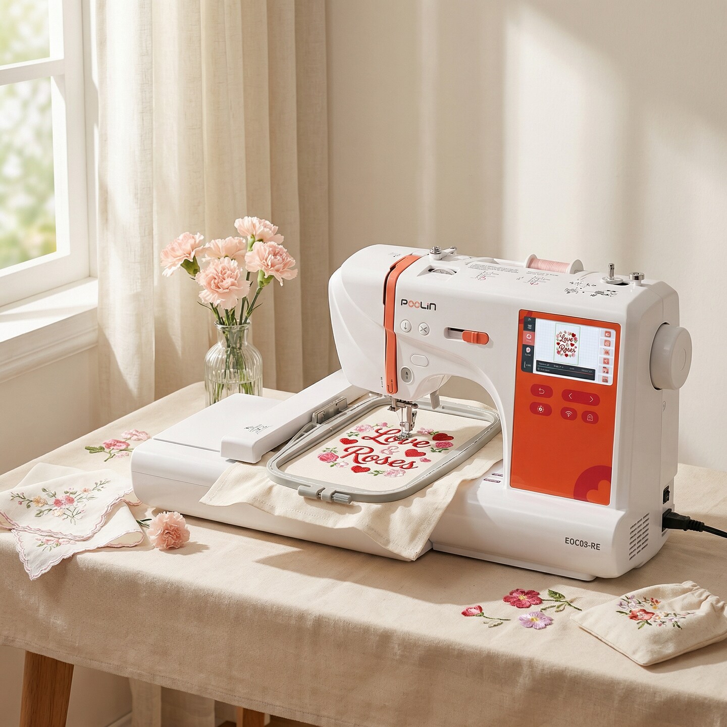 Official Poolin EOC03-RE Computerized Embroidery Machine with 9.25x4'' Big Embroidery Area, 4.3'' LCD Touch Screen Including Thread Stabilizer Bobbin Starter Kit, Free Training Service for Beginners