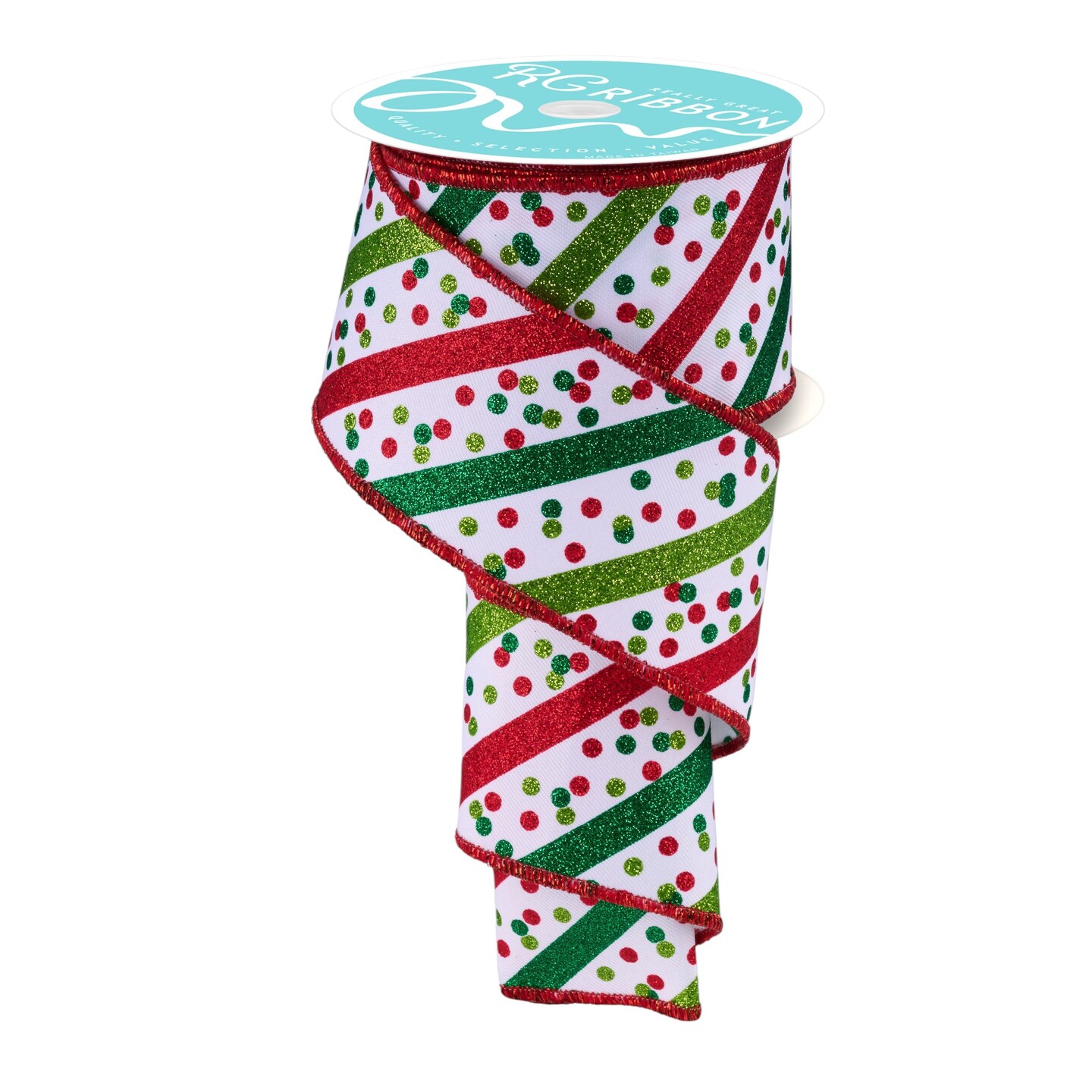 RG Ribbon: Stripes & Confetti Dots Wired Edge Ribbon - White, Lime Green, Red, Emerald - For Bows, Wreaths, Crafts, and Decorations